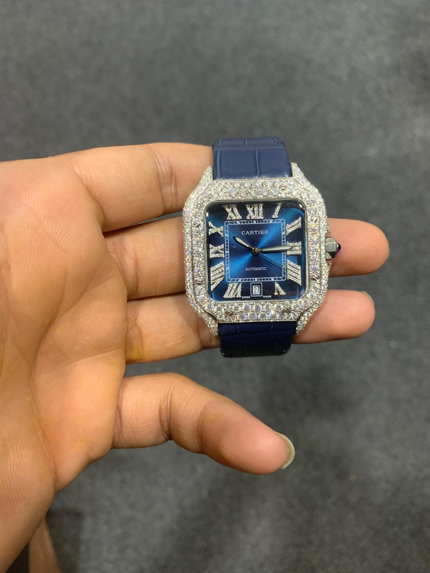 VVS1 Moissanite Cartier Iced Out Leather Strap Watch