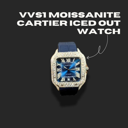 VVS1 Moissanite Cartier Iced Out Leather Strap Watch