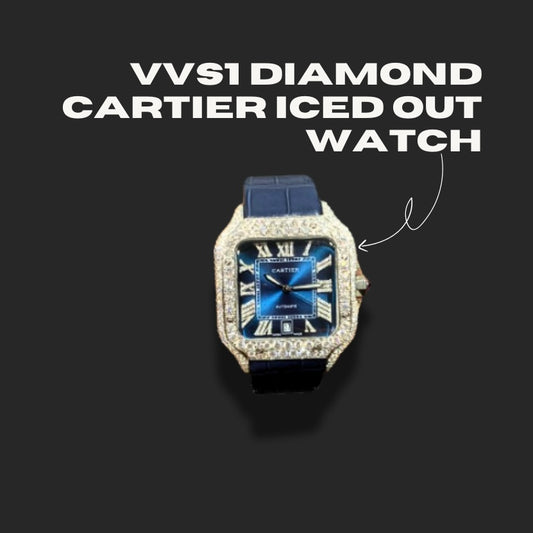 VVS1 Lab Diamond Cartier Iced Out Leather Strap Watch